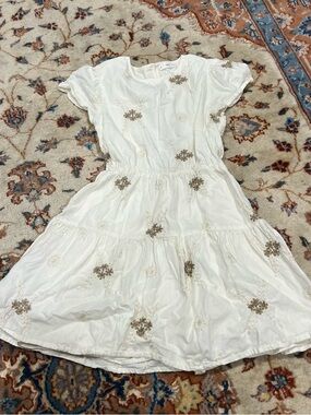 Mango White Tiered Dress with Gold Embroidery